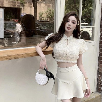 立领盘口网纱短版上衣+高腰荷叶边半身裙套装